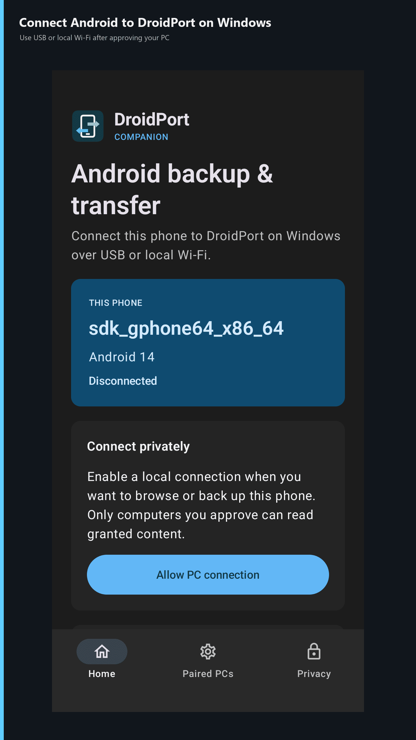 DroidPort Companion connection screen on Android
