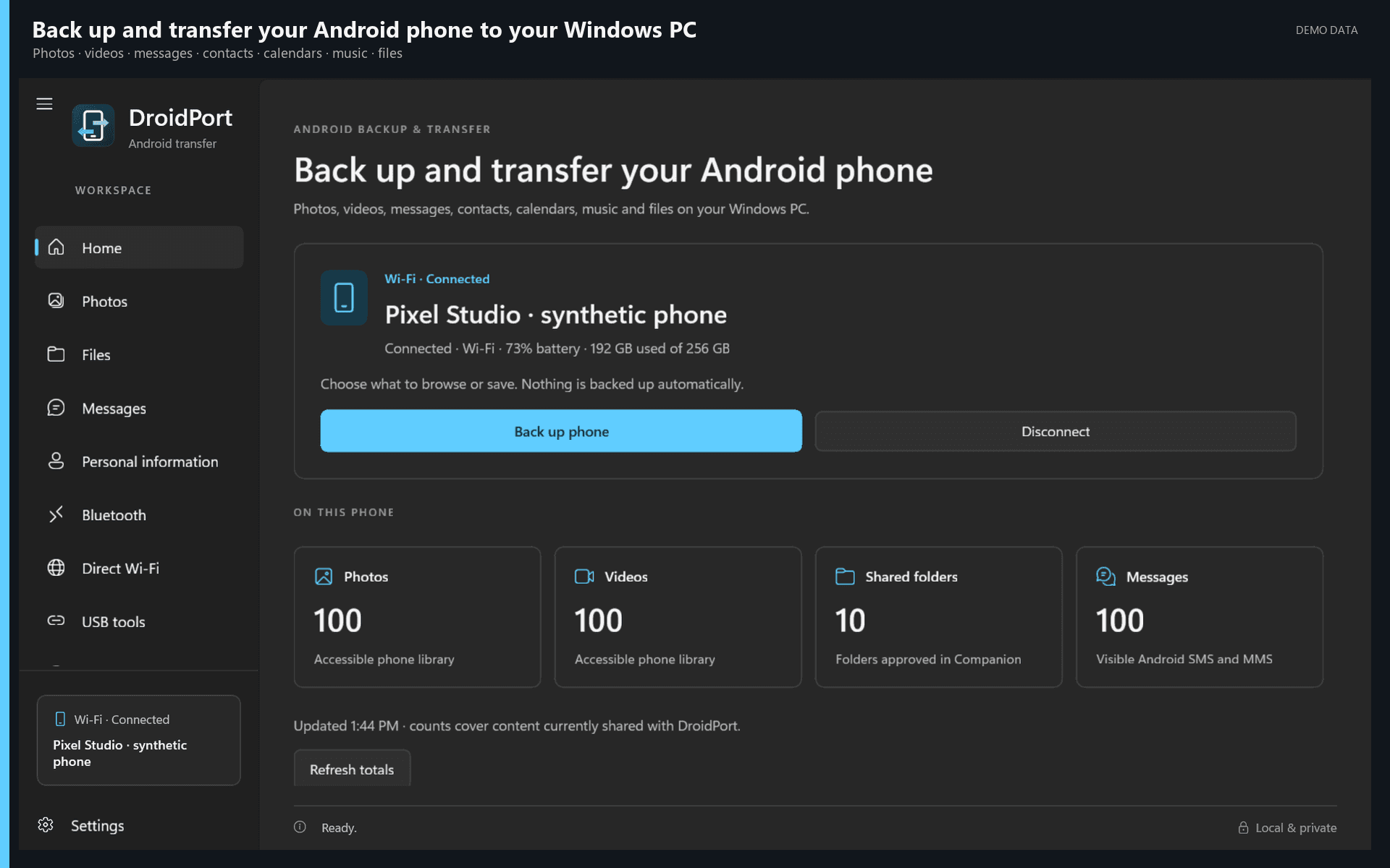 DroidPort Windows app showing Android backup and transfer features