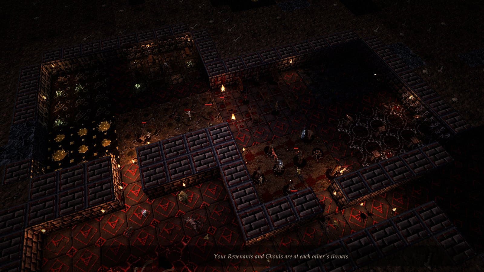 A wide view over a torch-lit dungeon lair carved into the earth