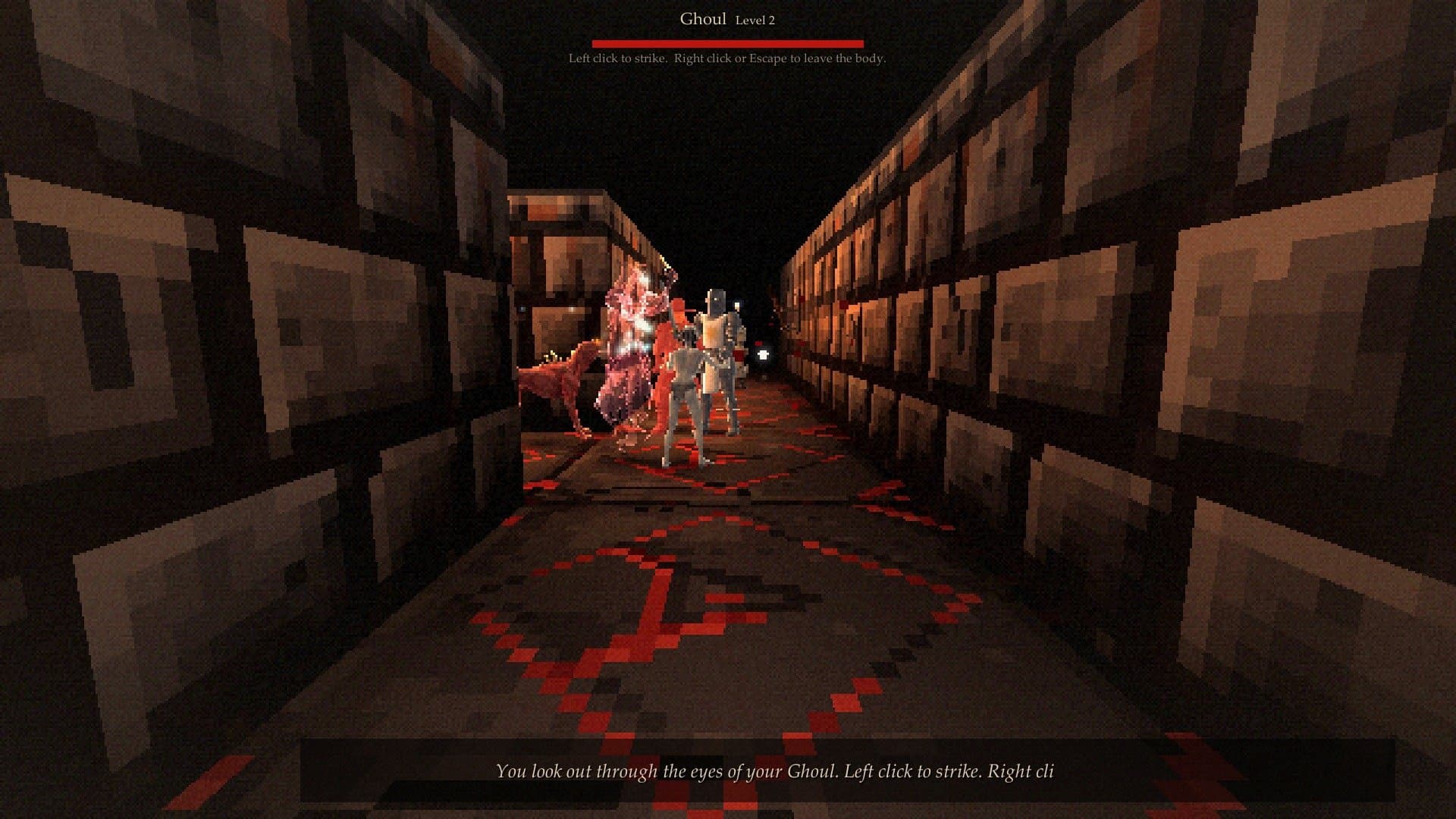 First-person view through a possessed Ghoul in a stone corridor