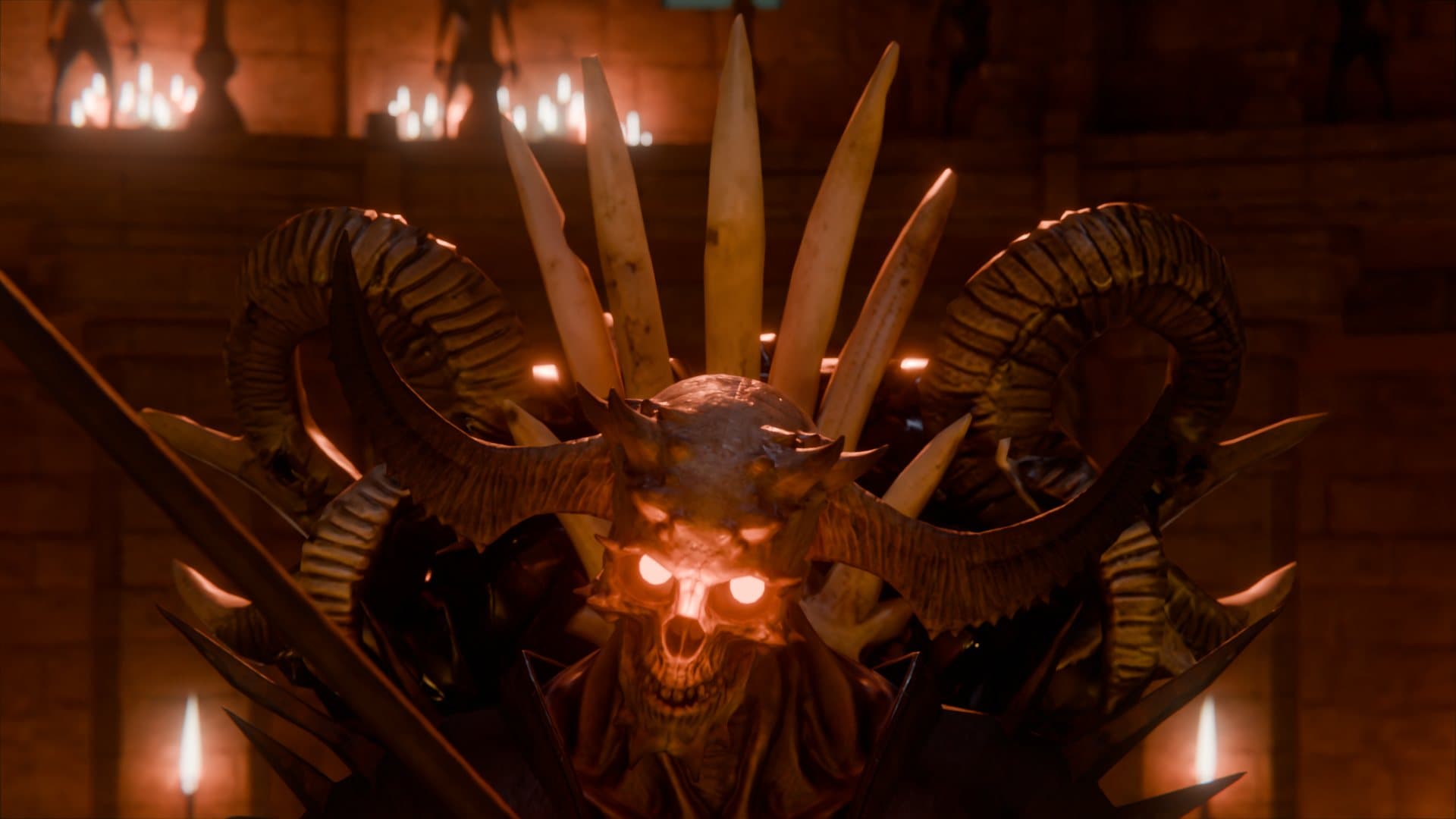 A horned skull-king with burning eyes on a throne of bone and candlelight