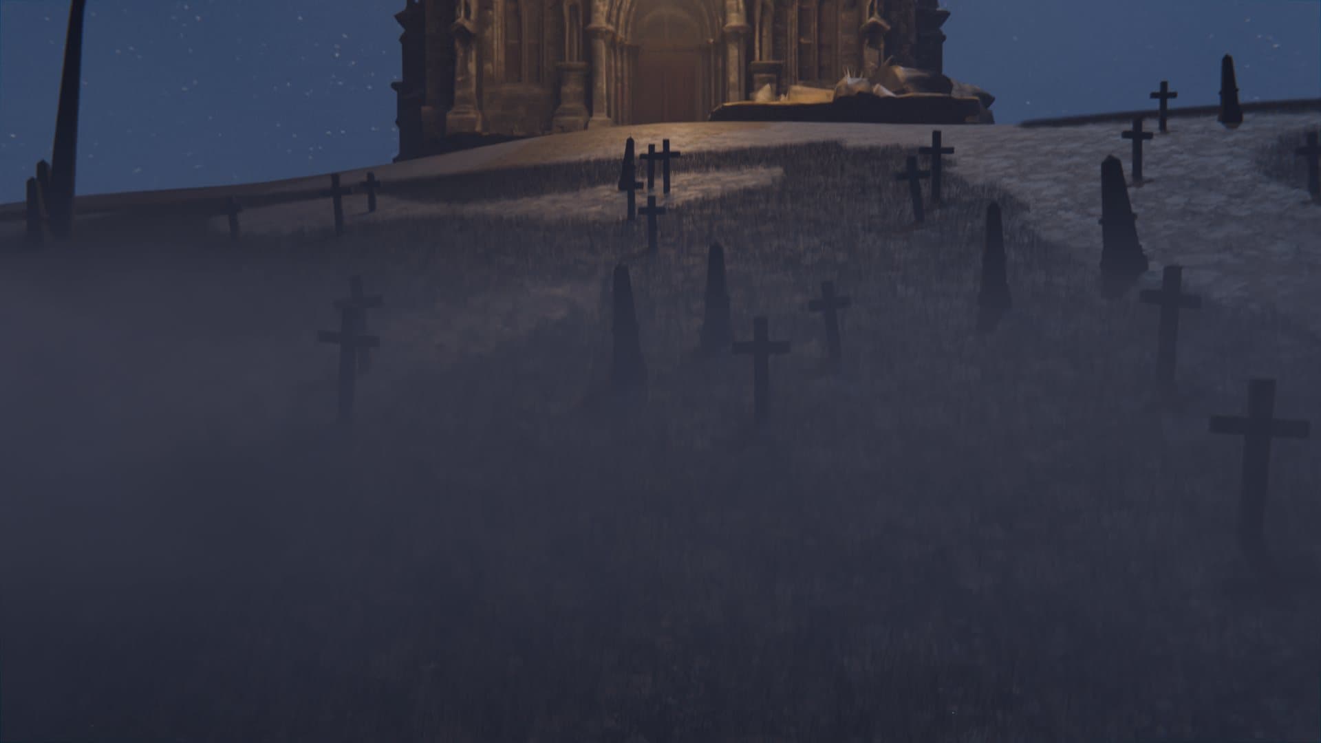 The cathedral of Vael above a misty graveyard at night