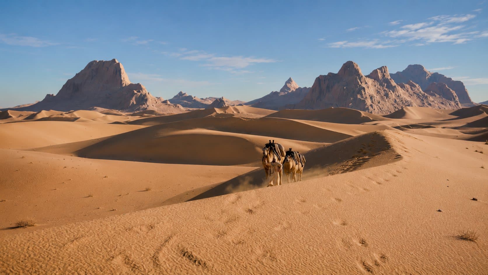 A camel caravan crossing desert dunes