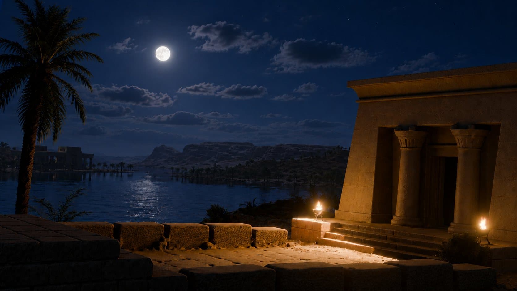 A temple doorway lit by braziers under a full moon over the Nile