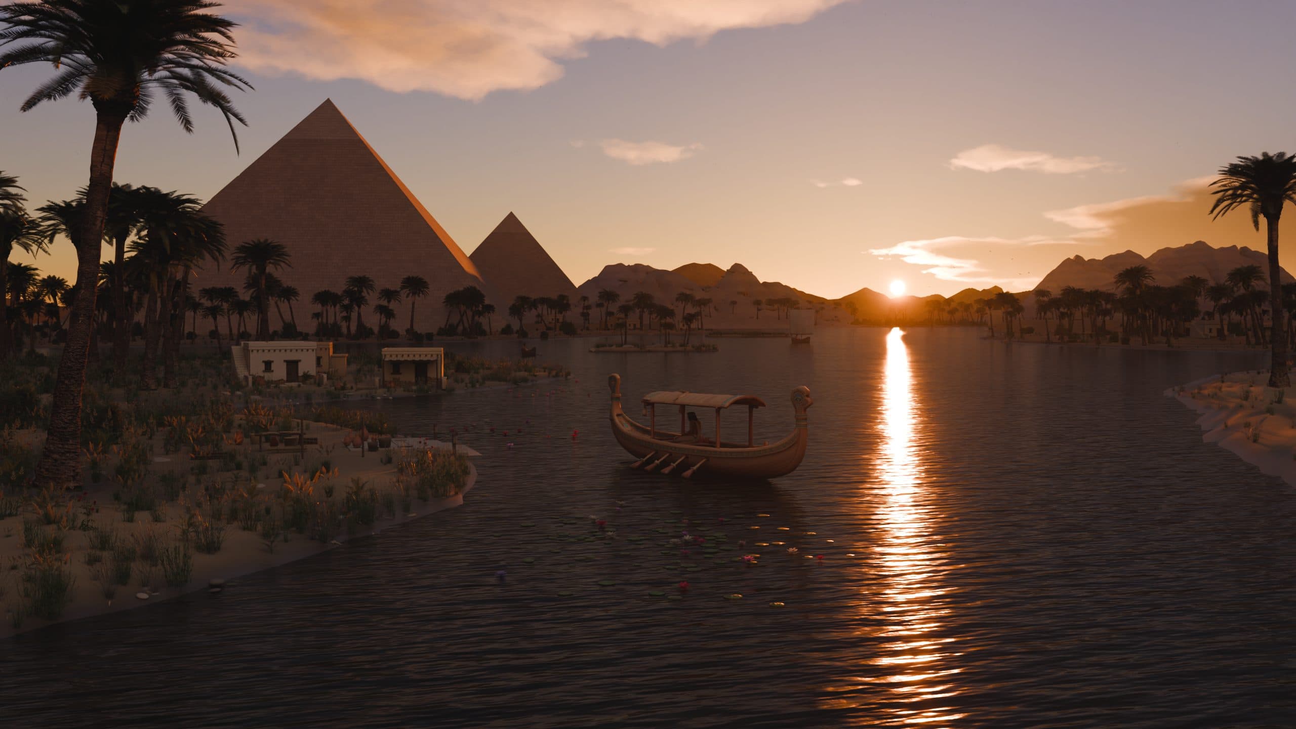 The sun setting over the Nile behind pyramids, with a royal barge on the water