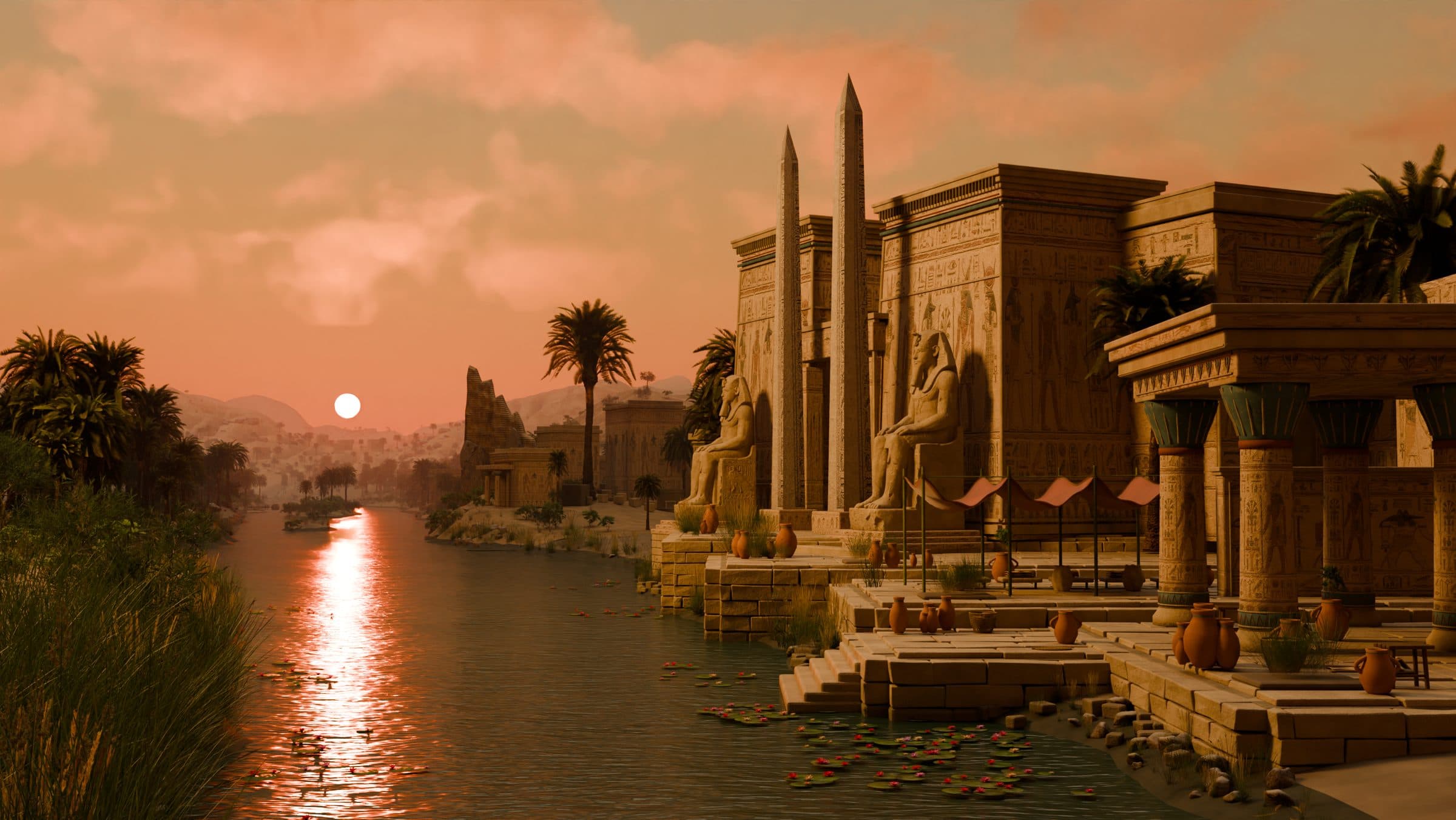 A riverside temple with obelisks and seated colossi at sunset