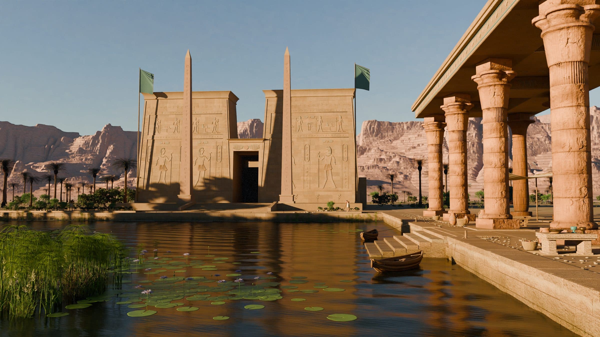 A temple pylon reflected in a sacred lake lined with columns