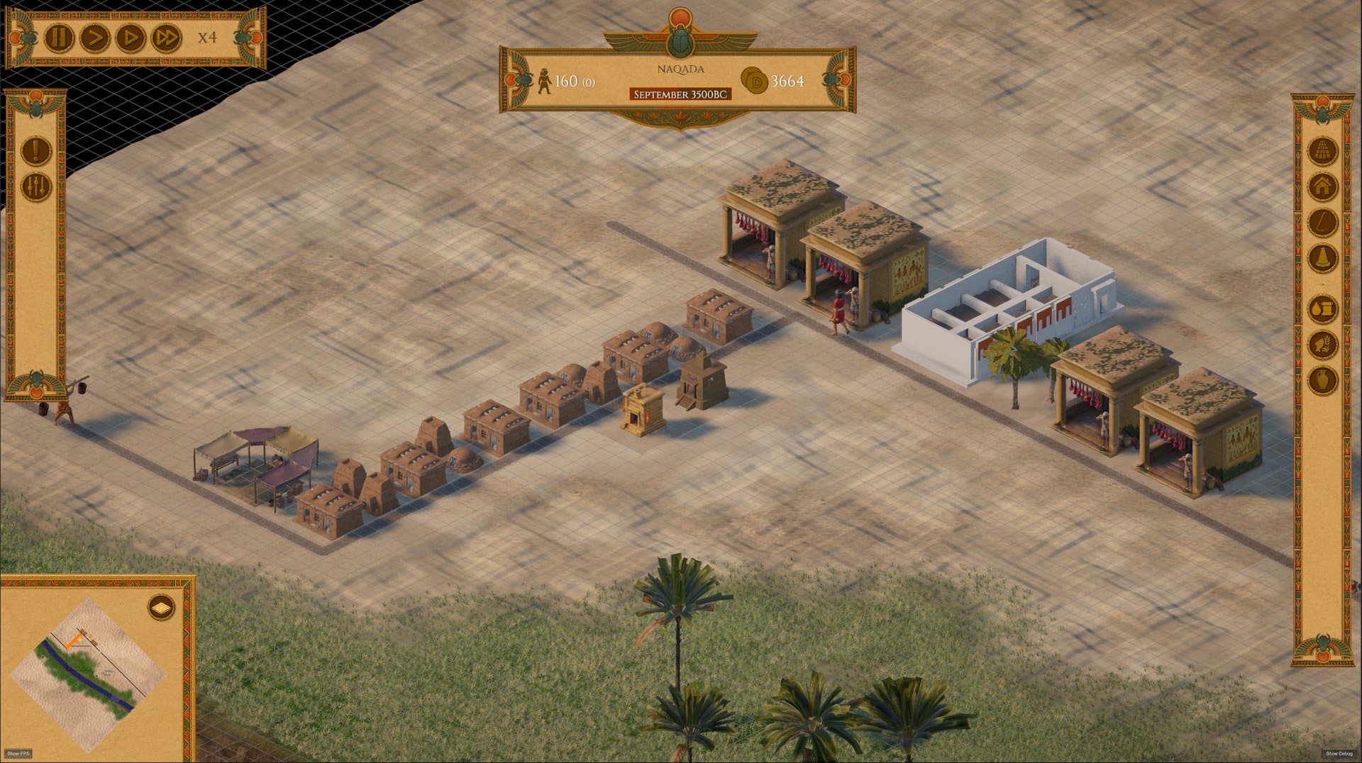 Farms, granaries and market stalls connected by roads