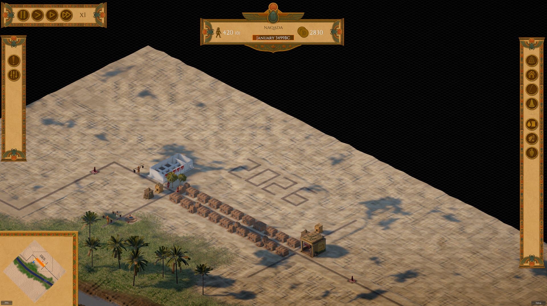 An isometric view of a growing mud-brick settlement with the game interface