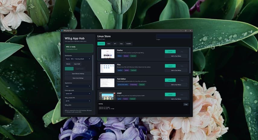 The WSLg App Hub browser showing supported Linux apps and launch controls