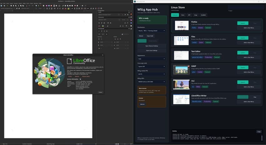 WSLg App Hub showing its Linux app catalog beside a running LibreOffice window