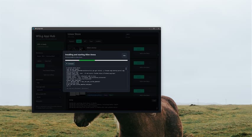 WSLg App Hub showing progress while installing and starting a Linux app