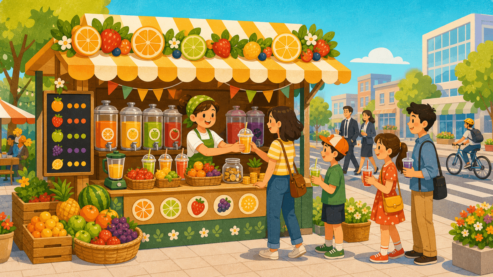 Juice Stand Tycoon key art showing a colorful neighborhood juice stand