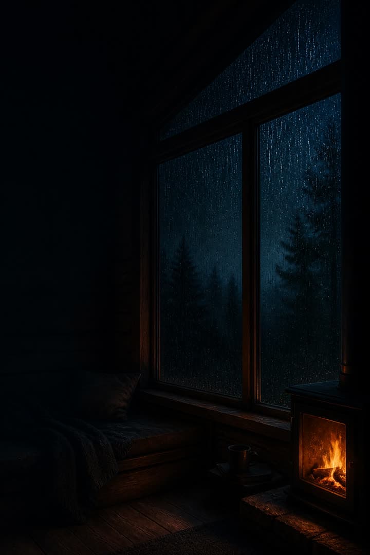 Nimbest rainy cabin artwork with rain on a window and a glowing fireplace