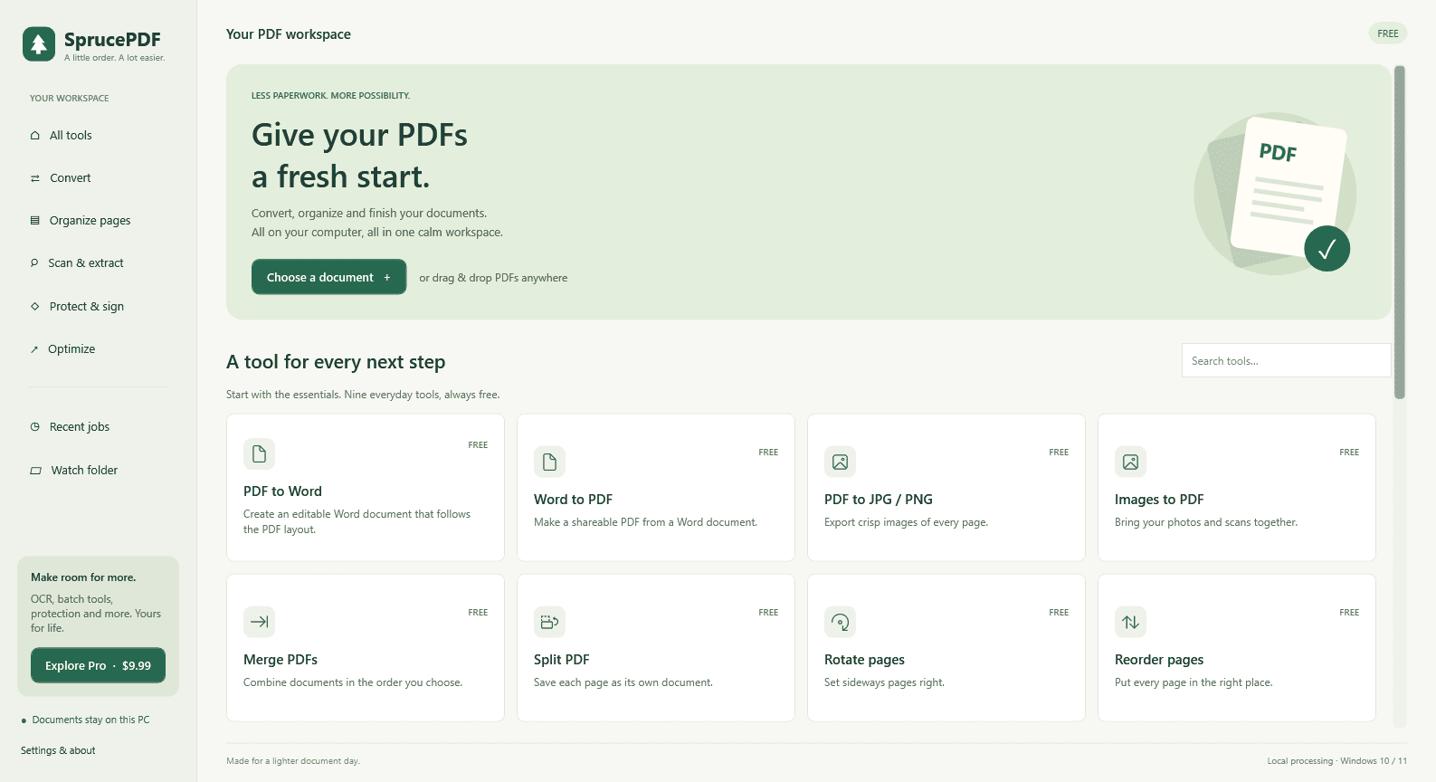 SprucePDF showing its local PDF conversion and page tools